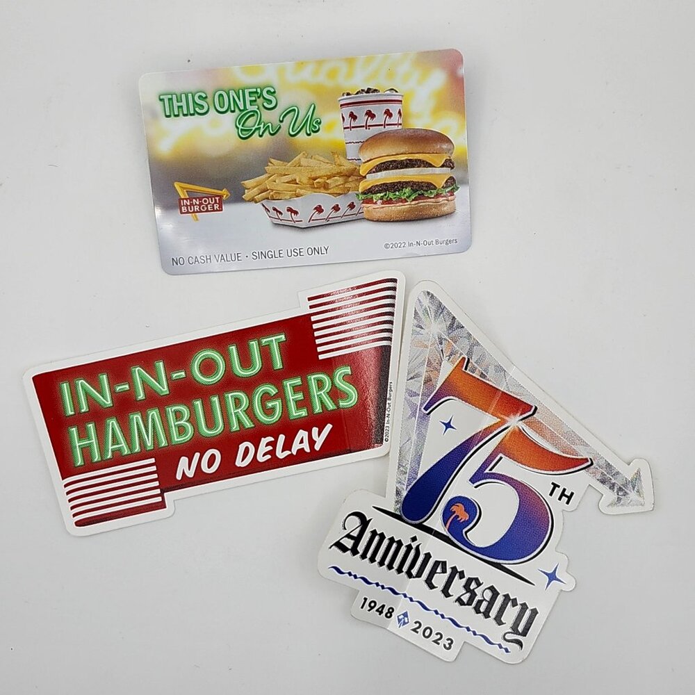 3 In-N-Out Burger Stickers 1 This One's On Us No Value Gift Card